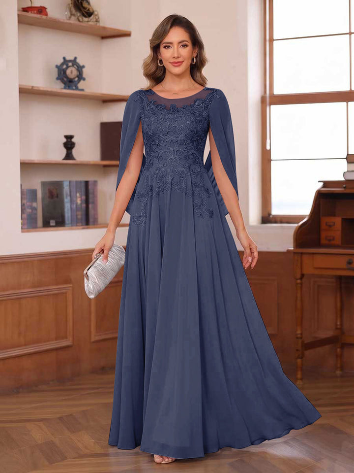 A-Line/Princess Illusion Scoop Chiffon Mother of the Bride Dresses with Appliques &amp; Cape