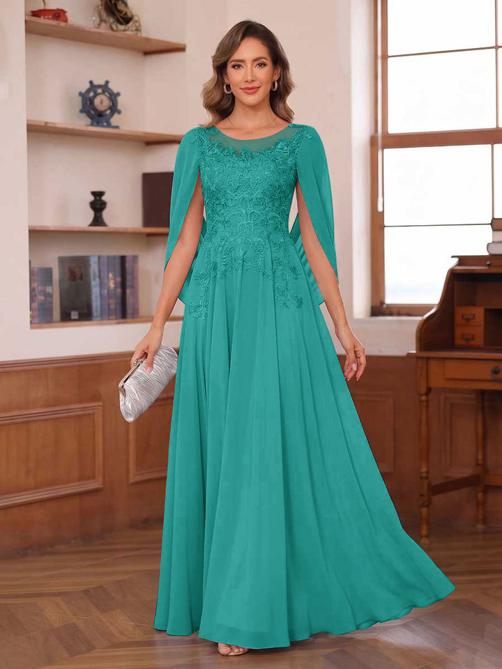 A-Line/Princess Illusion Scoop Chiffon Mother of the Bride Dresses with Appliques &amp; Cape