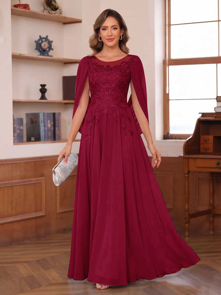 A-Line/Princess Illusion Scoop Chiffon Mother of the Bride Dresses with Appliques &amp; Cape