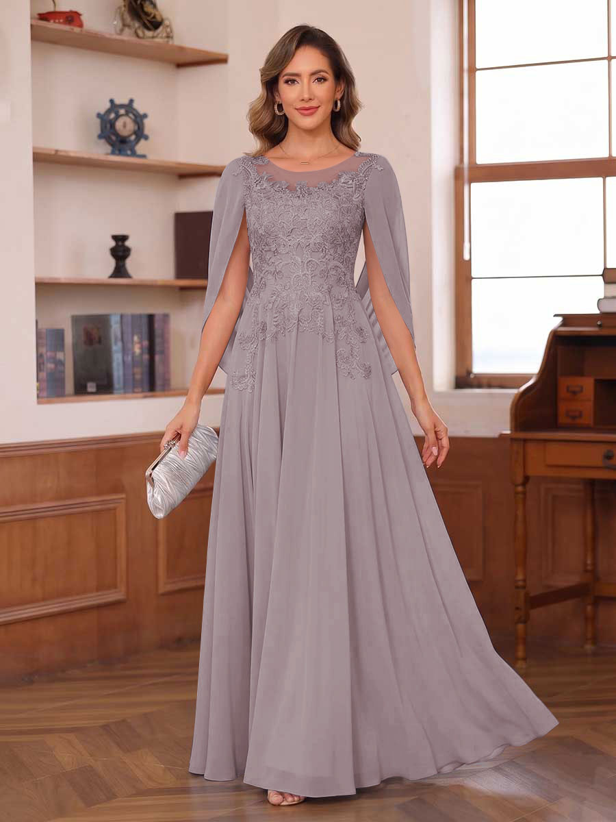 A-Line/Princess Illusion Scoop Chiffon Mother of the Bride Dresses with Appliques &amp; Cape