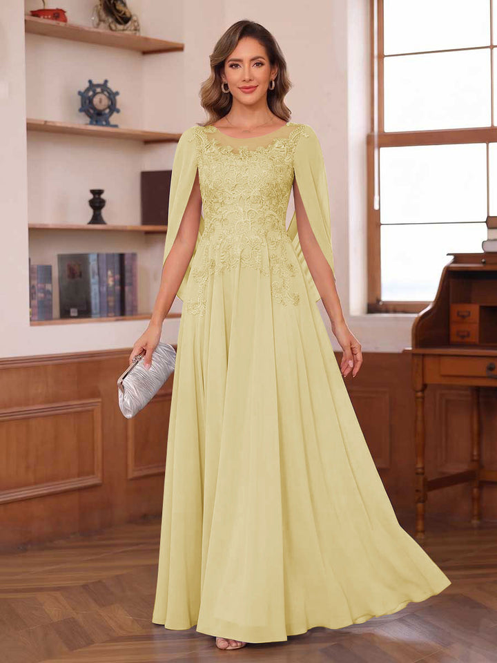 A-Line/Princess Illusion Scoop Chiffon Mother of the Bride Dresses with Appliques &amp; Cape