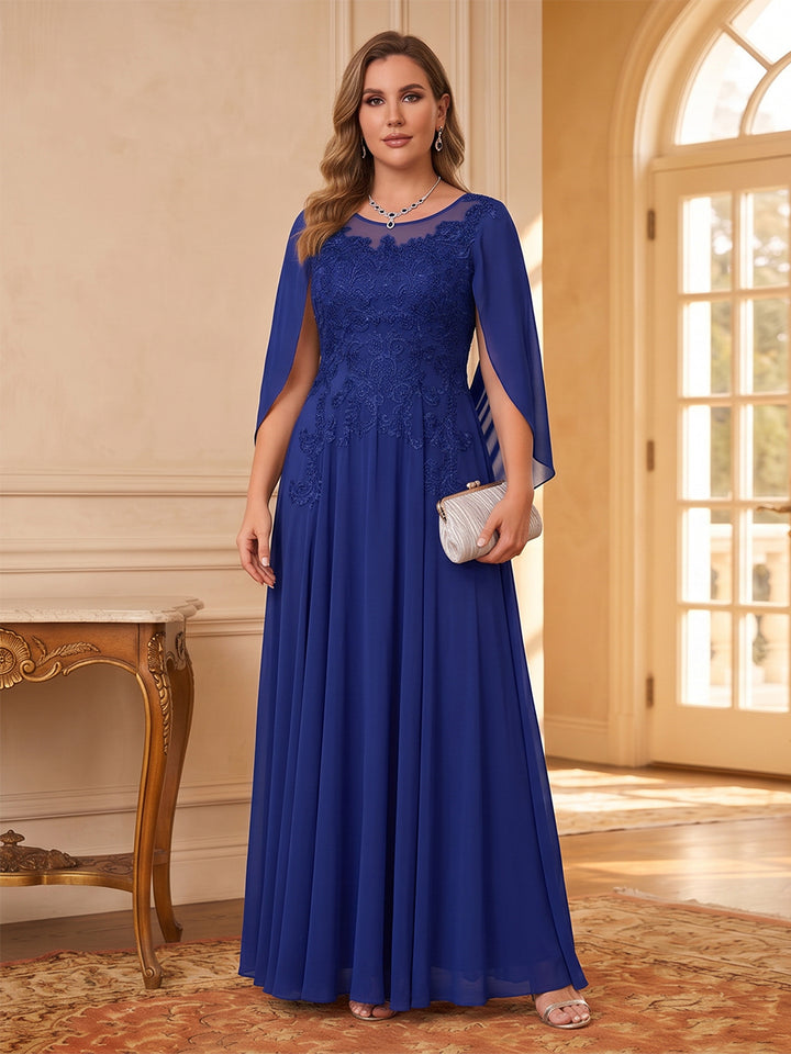 A-Line/Princess Illusion Scoop Chiffon Plus Size Mother of the Bride Dresses with Appliques &amp; Cape