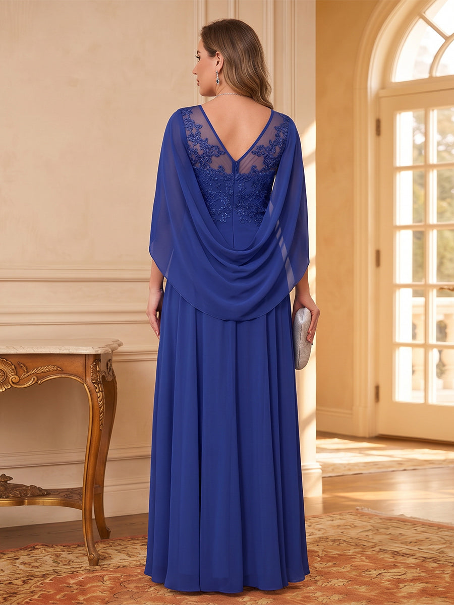 A-Line/Princess Illusion Scoop Chiffon Plus Size Mother of the Bride Dresses with Appliques &amp; Cape
