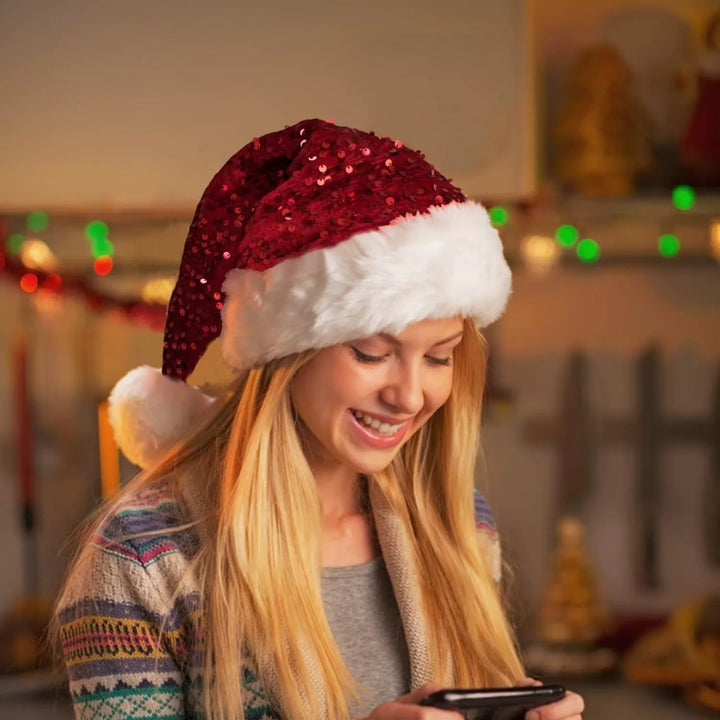 Red Sequins Long Haired Christmas Hat Headwear with White Pom-poms