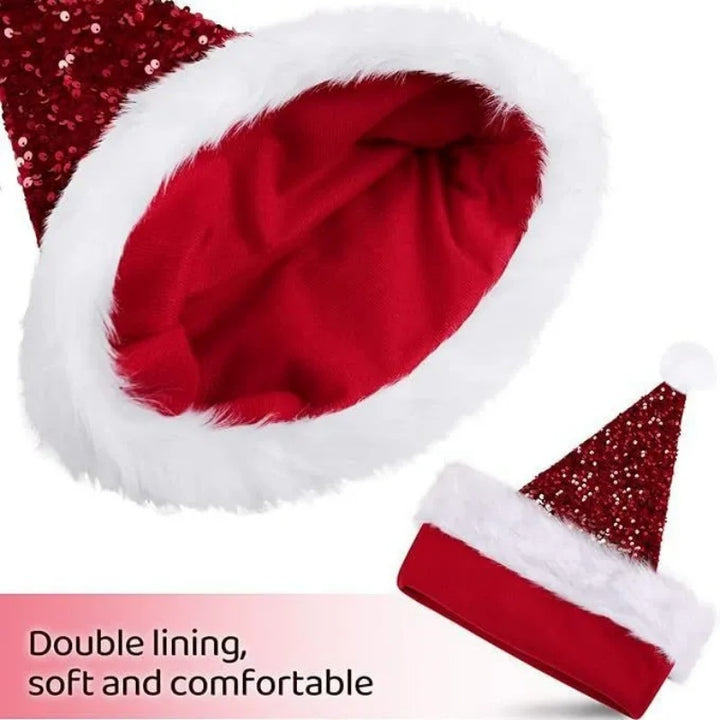 Red Sequins Long Haired Christmas Hat Headwear with White Pom-poms
