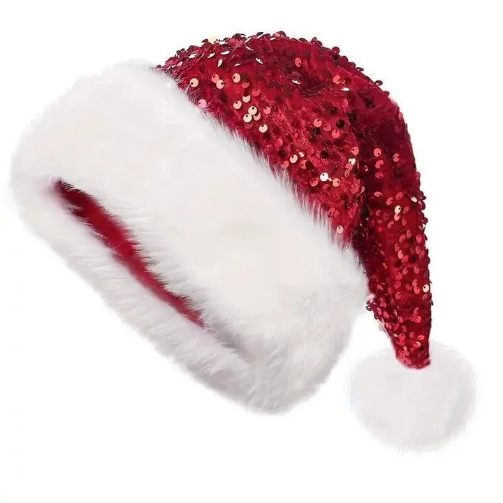 Red Sequins Long Haired Christmas Hat Headwear with White Pom-poms