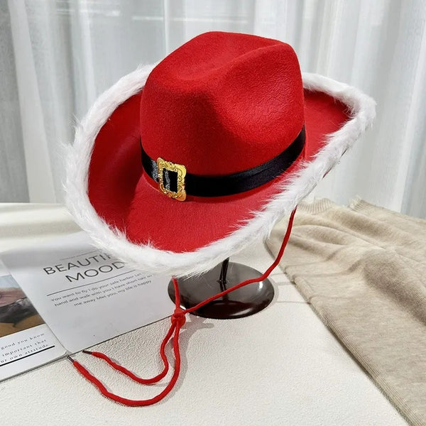 Santa Claus Red Christmas Cowboy Hats with Fur Trim & Buckle