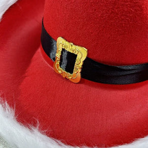 Santa Claus Red Christmas Cowboy Hats with Fur Trim & Buckle