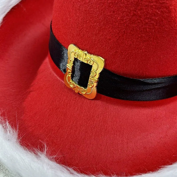 Santa Claus Red Christmas Cowboy Hats with Fur Trim & Buckle