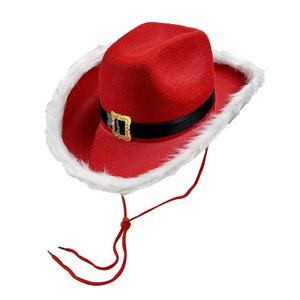 Santa Claus Red Christmas Cowboy Hats with Fur Trim & Buckle