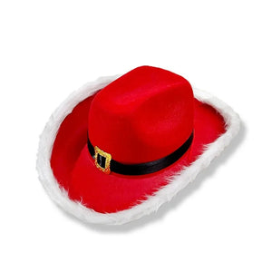 Santa Claus Red Christmas Cowboy Hats with Fur Trim & Buckle