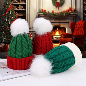 Knitted Christmas Hat in Red and Green with White Pom-Pom