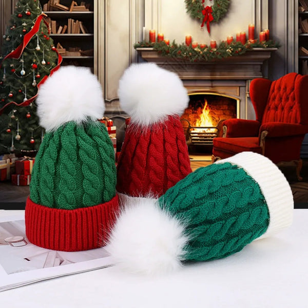 Knitted Christmas Hat in Red and Green with White Pom-Pom