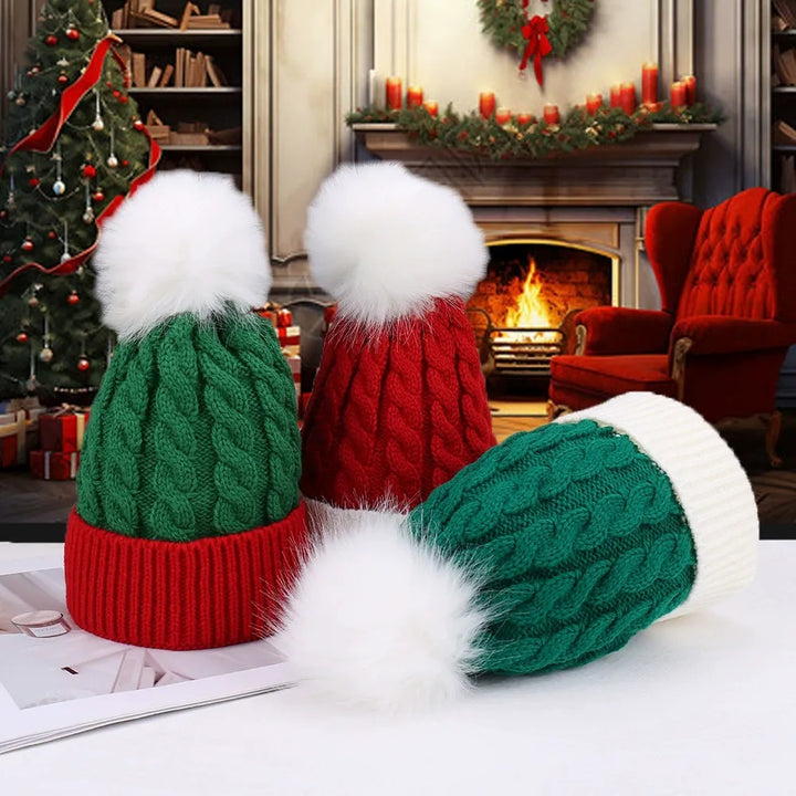 Knitted Christmas Hat in Red and Green with White Pom-Pom