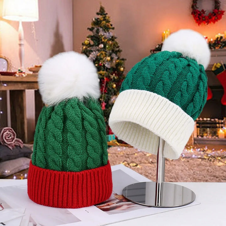 Knitted Christmas Hat in Red and Green with White Pom-Pom
