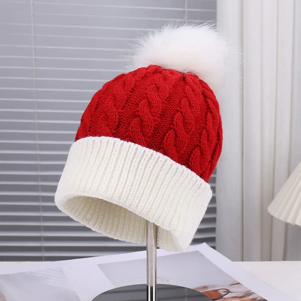 Knitted Christmas Hat in Red and Green with White Pom-Pom