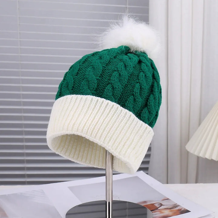 Knitted Christmas Hat in Red and Green with White Pom-Pom