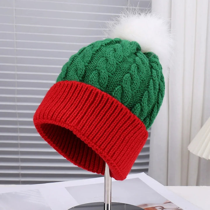 Knitted Christmas Hat in Red and Green with White Pom-Pom