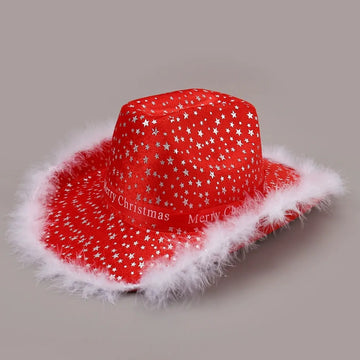 Santa Claus Star Printed Red Christmas Hats with Fur Trim