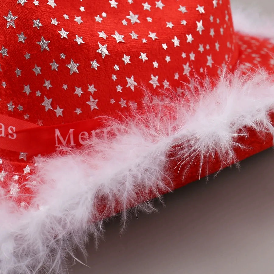 Santa Claus Star Printed Red Christmas Hats with Fur Trim