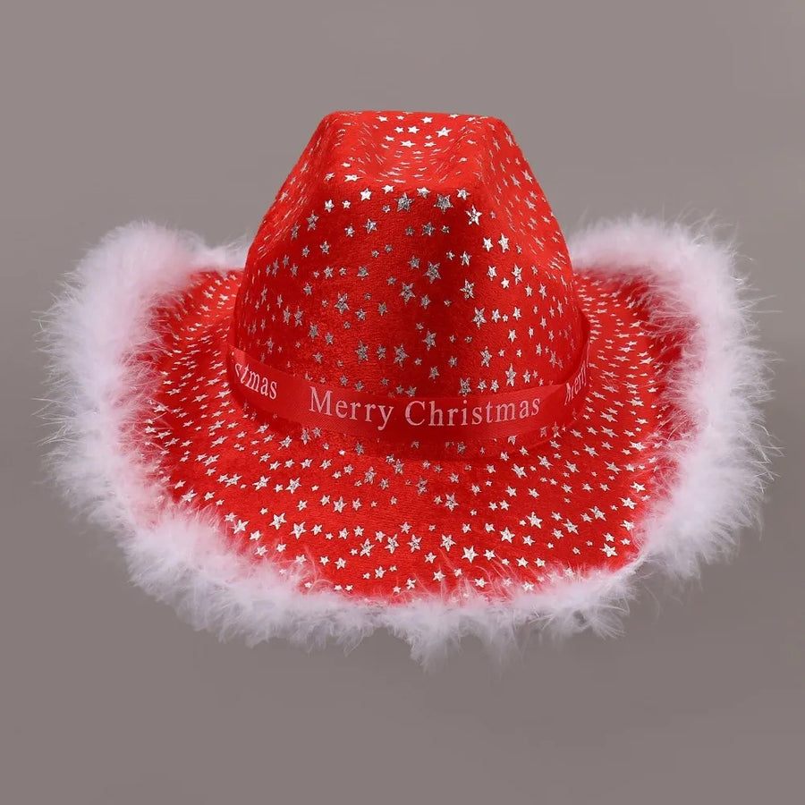 Santa Claus Star Printed Red Christmas Hats with Fur Trim