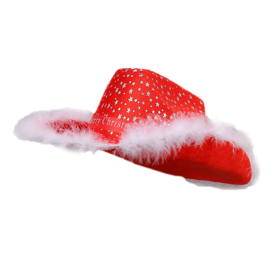 Santa Claus Star Printed Red Christmas Hats with Fur Trim