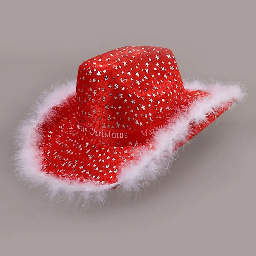 Santa Claus Star Printed Red Christmas Hats with Fur Trim