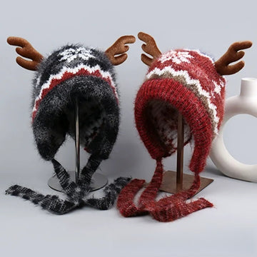 Heavyweight Snowflake Jacquard Knit Christmas Hat with 3D Antlers