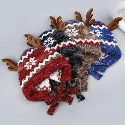 Heavyweight Snowflake Jacquard Knit Christmas Hat with 3D Antlers