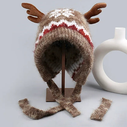 Heavyweight Snowflake Jacquard Knit Christmas Hat with 3D Antlers