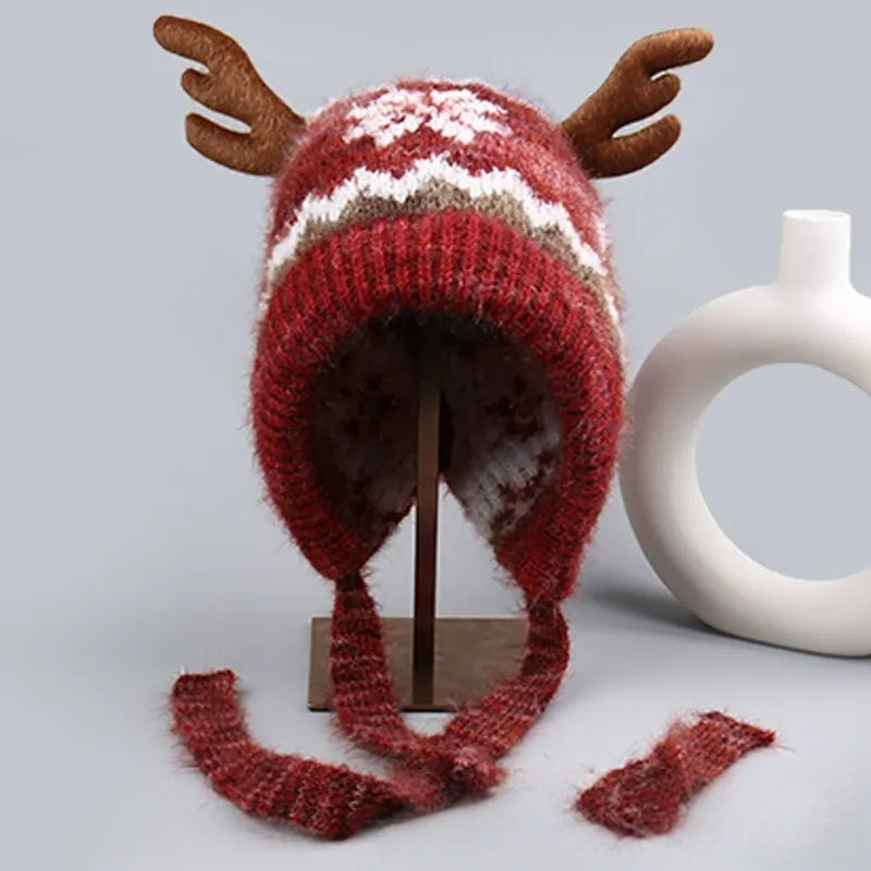 Heavyweight Snowflake Jacquard Knit Christmas Hat with 3D Antlers