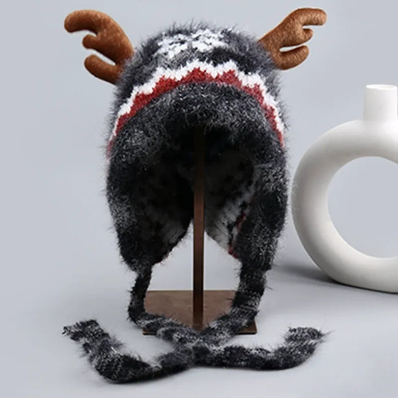 Heavyweight Snowflake Jacquard Knit Christmas Hat with 3D Antlers