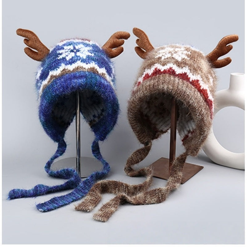 Heavyweight Snowflake Jacquard Knit Christmas Hat with 3D Antlers