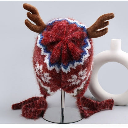 Heavyweight Snowflake Jacquard Knit Christmas Hat with 3D Antlers
