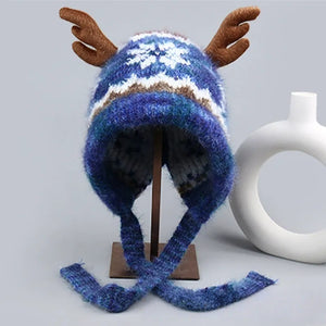 Heavyweight Snowflake Jacquard Knit Christmas Hat with 3D Antlers