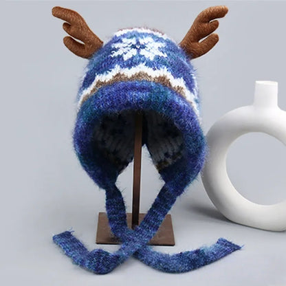 Heavyweight Snowflake Jacquard Knit Christmas Hat with 3D Antlers