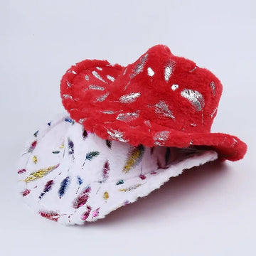 Plush Christmas Hat with Gold Feather and Snowflake Print