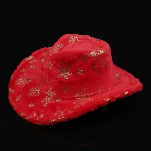 Plush Christmas Hat with Gold Feather and Snowflake Print