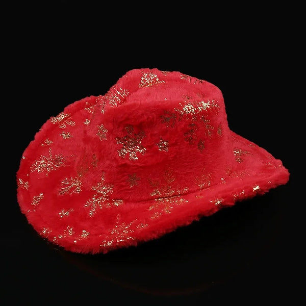 Plush Christmas Hat with Gold Feather and Snowflake Print