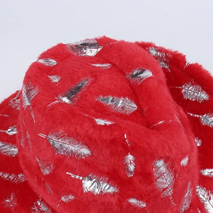 Plush Christmas Hat with Gold Feather and Snowflake Print