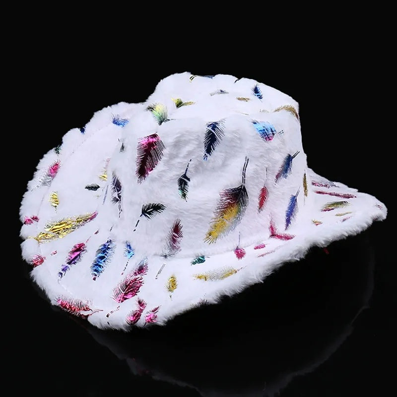 Plush Christmas Hat with Gold Feather and Snowflake Print