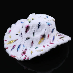 Plush Christmas Hat with Gold Feather and Snowflake Print