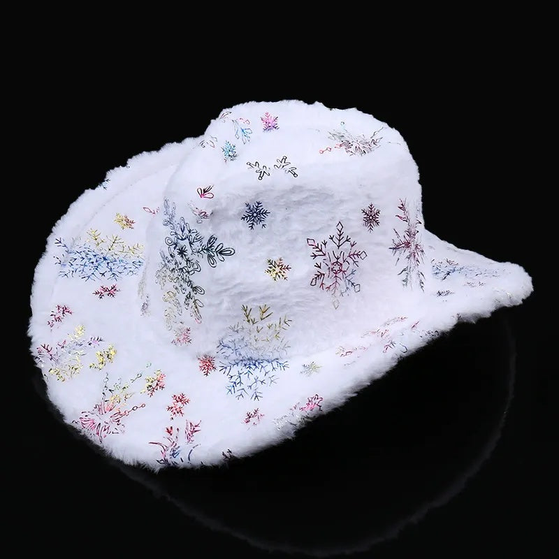 Plush Christmas Hat with Gold Feather and Snowflake Print