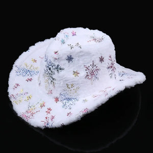 Plush Christmas Hat with Gold Feather and Snowflake Print