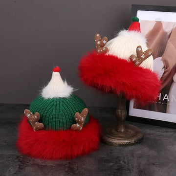 Heavyweight Solid Color Knit Christmas Hat with 3D Antlers