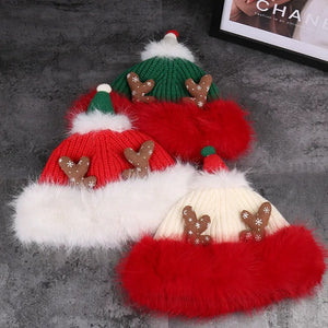 Heavyweight Solid Color Knit Christmas Hat with 3D Antlers