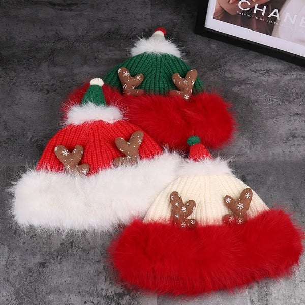 Heavyweight Solid Color Knit Christmas Hat with 3D Antlers