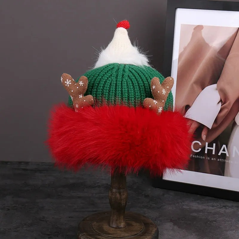 Heavyweight Solid Color Knit Christmas Hat with 3D Antlers