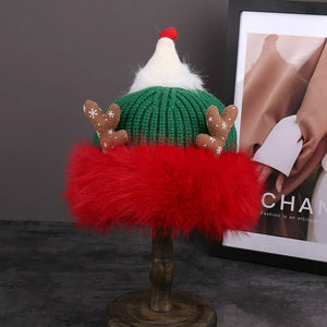 Heavyweight Solid Color Knit Christmas Hat with 3D Antlers