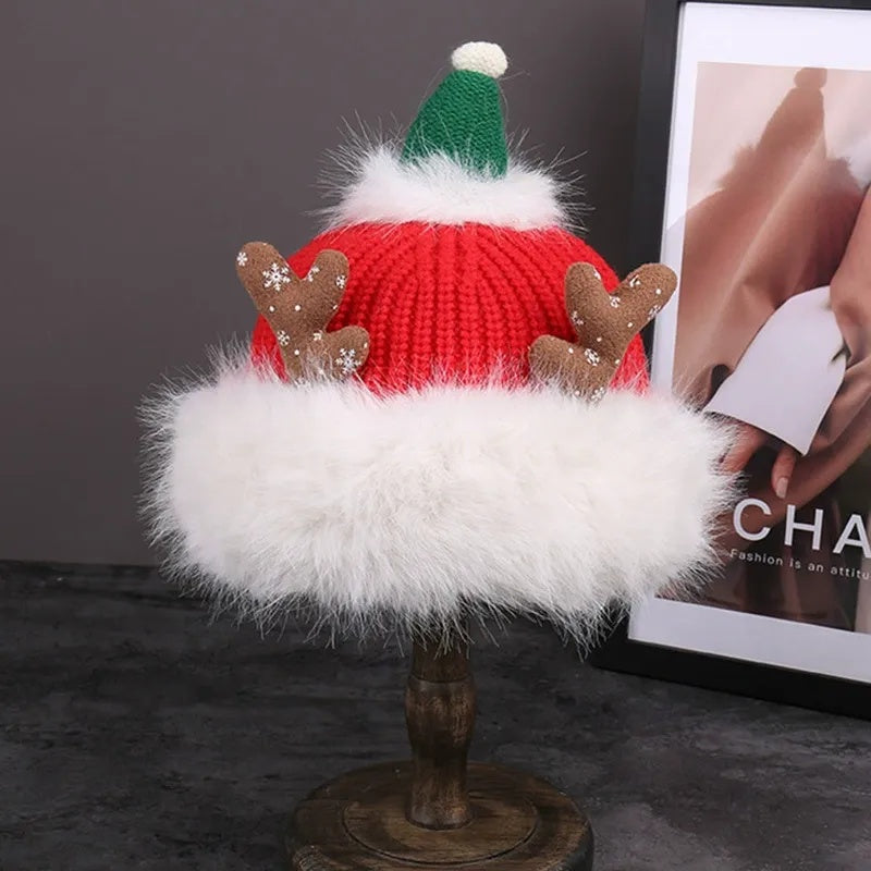 Heavyweight Solid Color Knit Christmas Hat with 3D Antlers